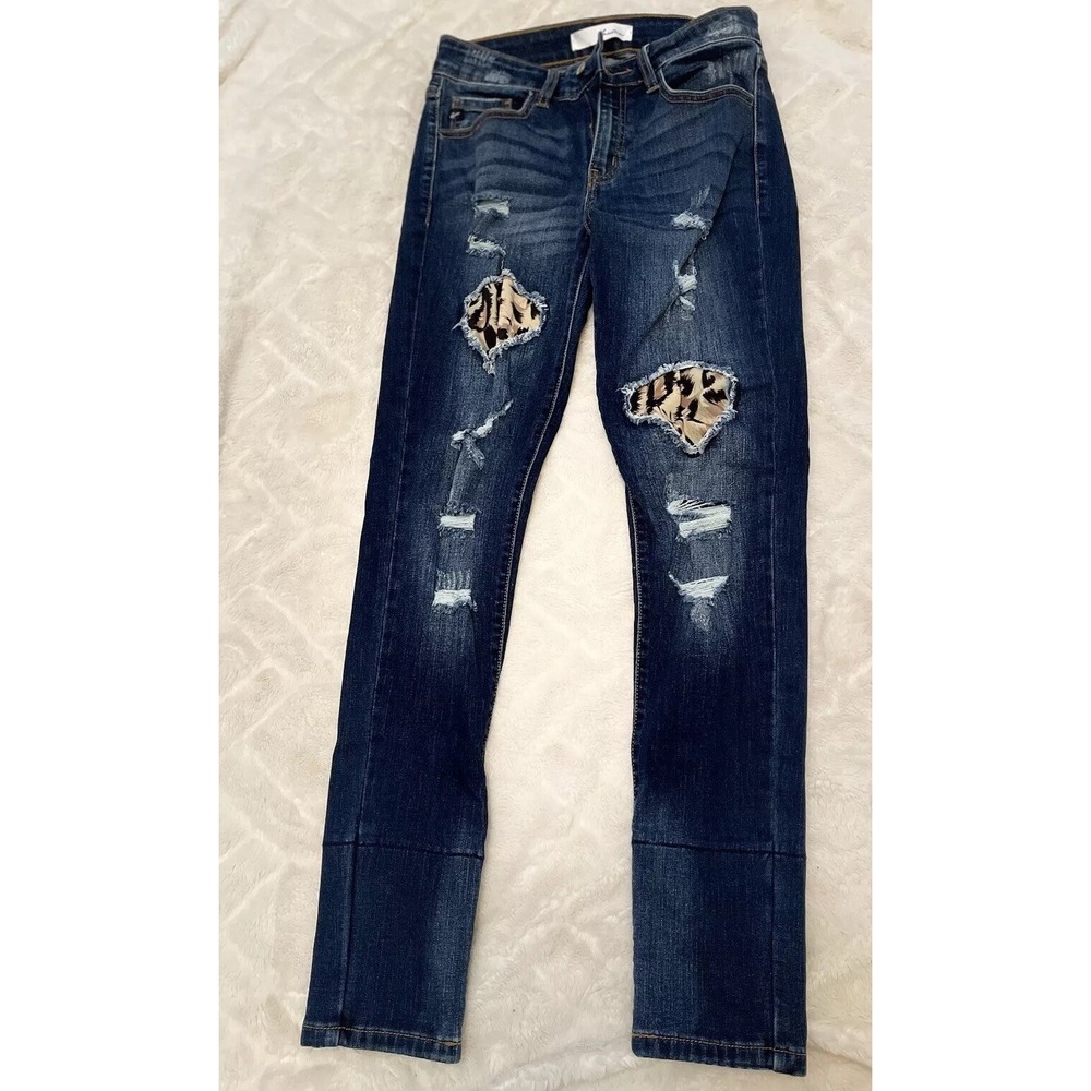 Kancan Jeans‎ Womens Leopard Cheetah Patch Distressed Skinny Blue Size 7